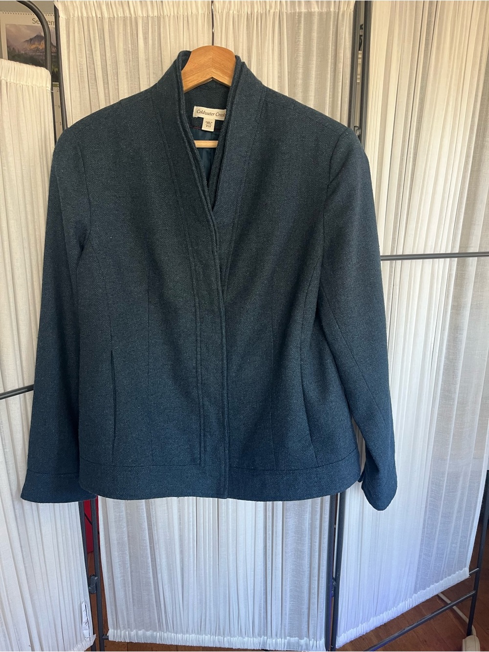 Coldwater Creek Wool Blend Funnel Neck Teal Blue Blazer Jacket - 14 Petite